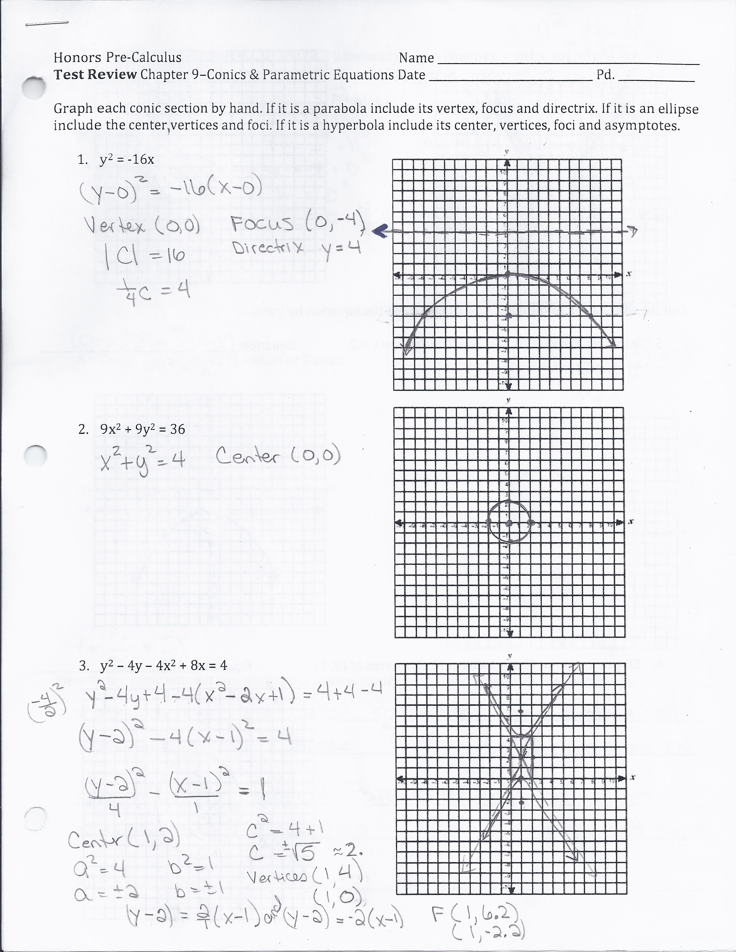 Conic Sections Test Answers